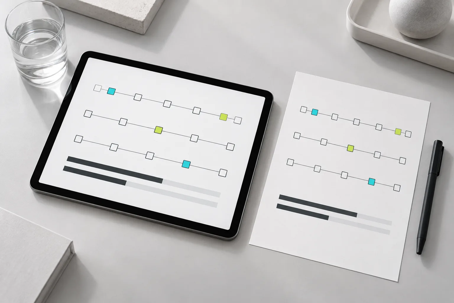 A tablet and document showing a framework for tracking indicators.