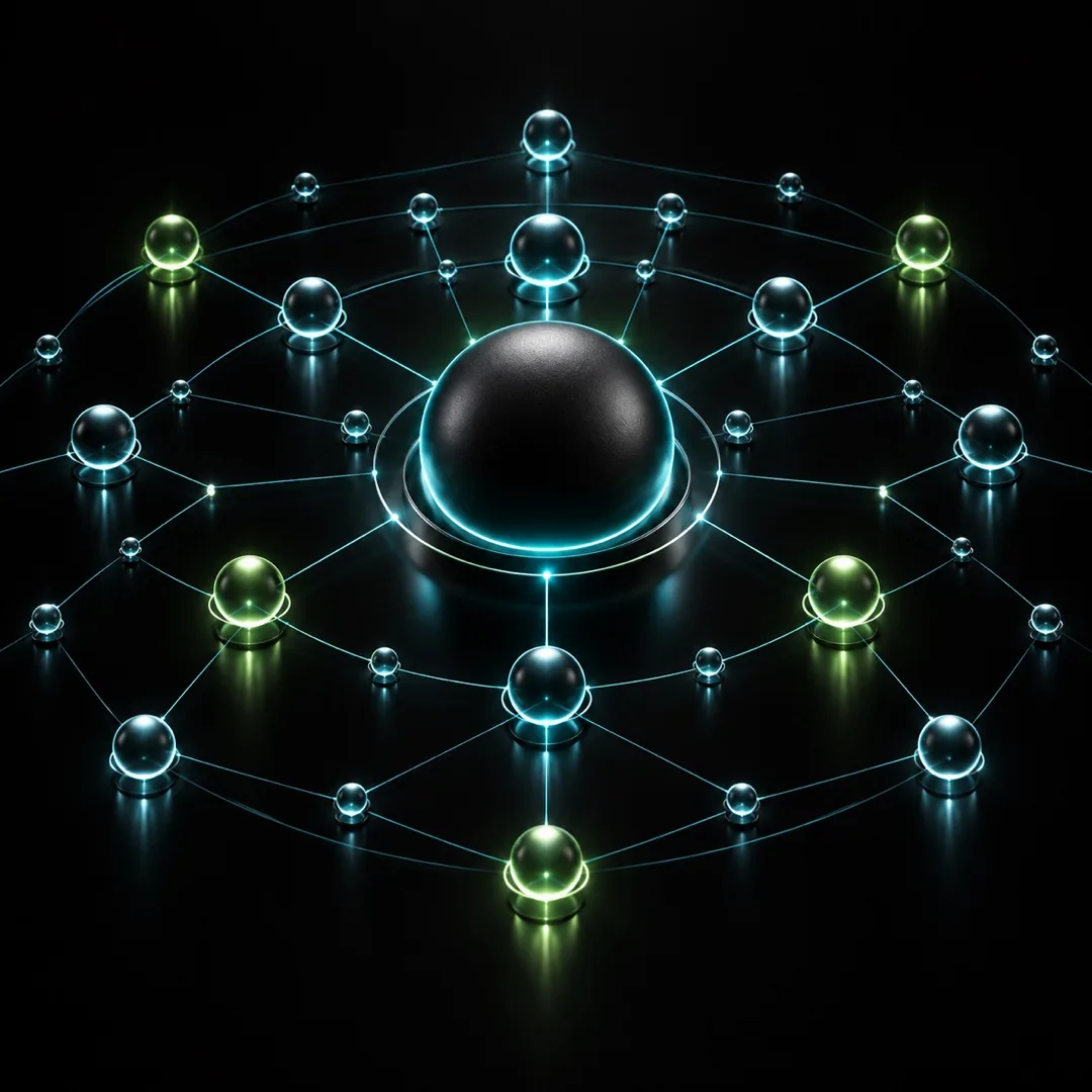 Estructura tridimensional que representa conexión, confianza y reputación de marca.